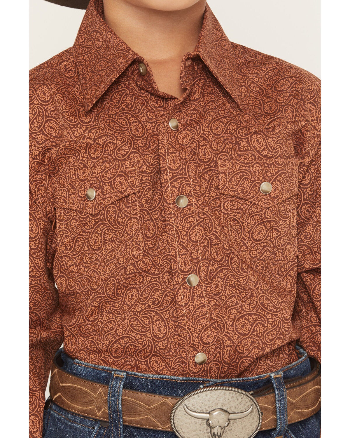 Image #3 - Wrangler 20X Boys' Paisley Print Long Sleeve Snap Stretch Western Shirt, Brown, hi-res