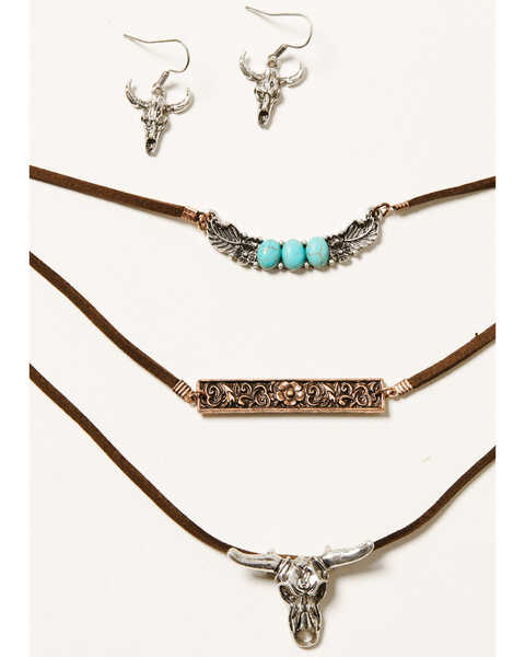 Shyanne Women's Cactus Rose Triple Longhorn Necklace & Earrings 4-Piece Set, Rust Copper, hi-res