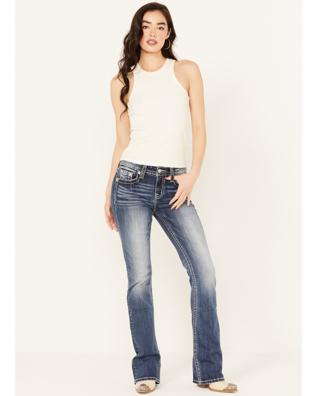 Image #3 - Miss Me Women's Dark Wash Mid Rise Stretch Bootcut Jeans, Dark Wash, hi-res