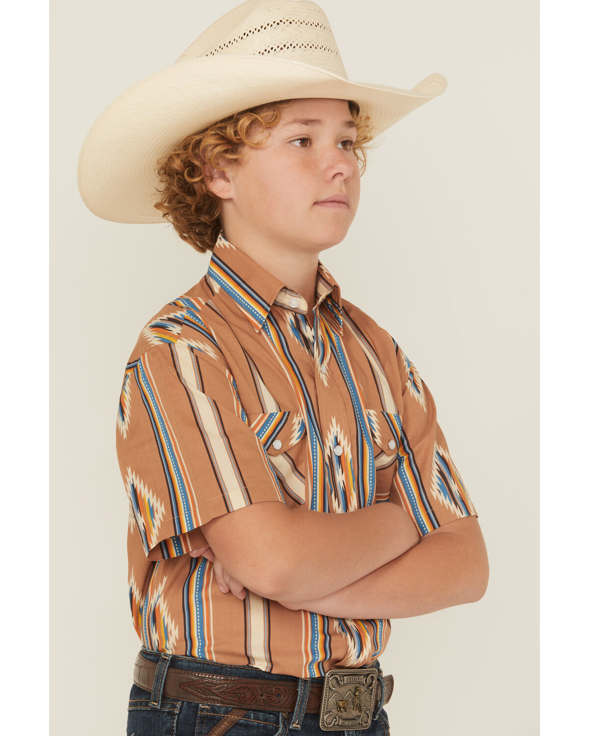 Image #2 - Panhandle Slim Boys' Southwestern Striped Print Short Sleeve Snap Western Shirt, Camel, hi-res