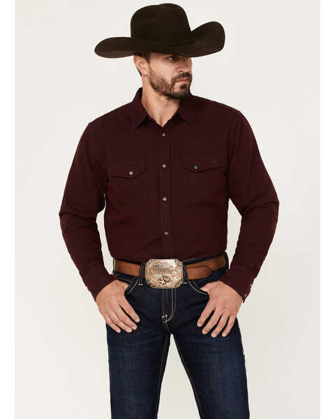 Blue Ranchwear Men's Herringbone Long Sleeve Western Snap Work Shirt, Burgundy, hi-res