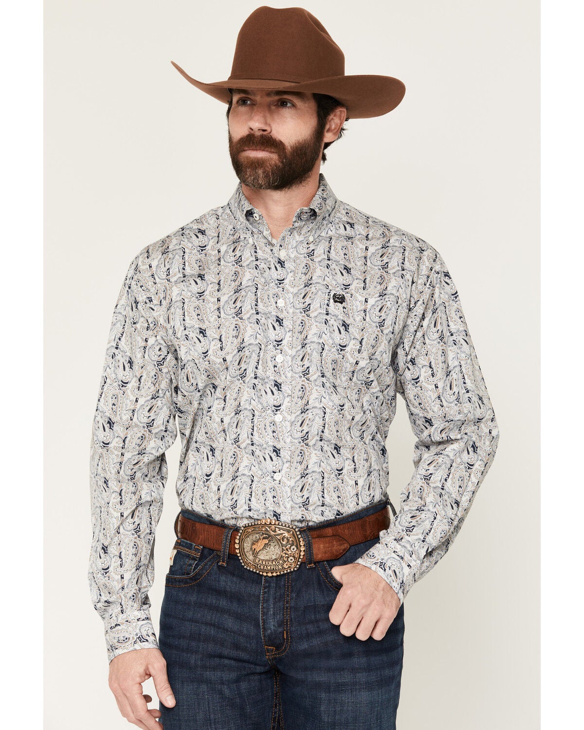 Cinch Men's Paisley Print Long Sleeve Button-Down Western Shirt, Cream, hi-res