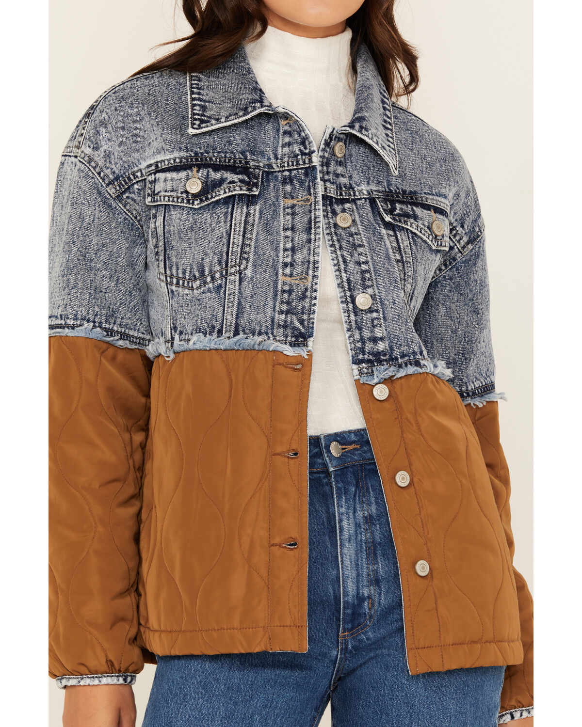 Image #3 - Ashley Women's Color Block Quilted Denim Jacket, Brown, hi-res