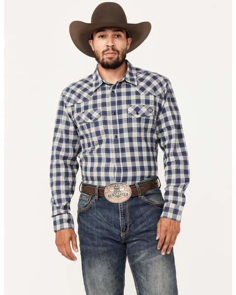 Blue Ranchwear Men's Crossville Herringbone Checkered Print Long Sleeve Snap Work Shirt, Dark Blue, hi-res