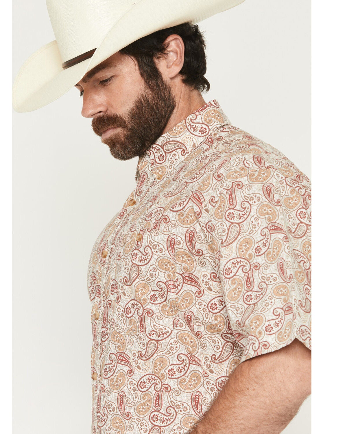 Image #2 - George Strait by Wrangler Men's Paisley Print Short Sleeve Button-Down Stretch Western Shirt - Tall, Tan, hi-res