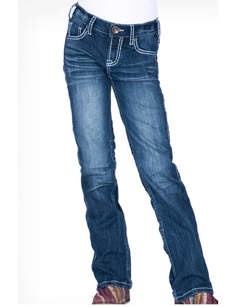 Cowgirl Tuff Girls' Edgy Bootcut Jeans, Blue, hi-res