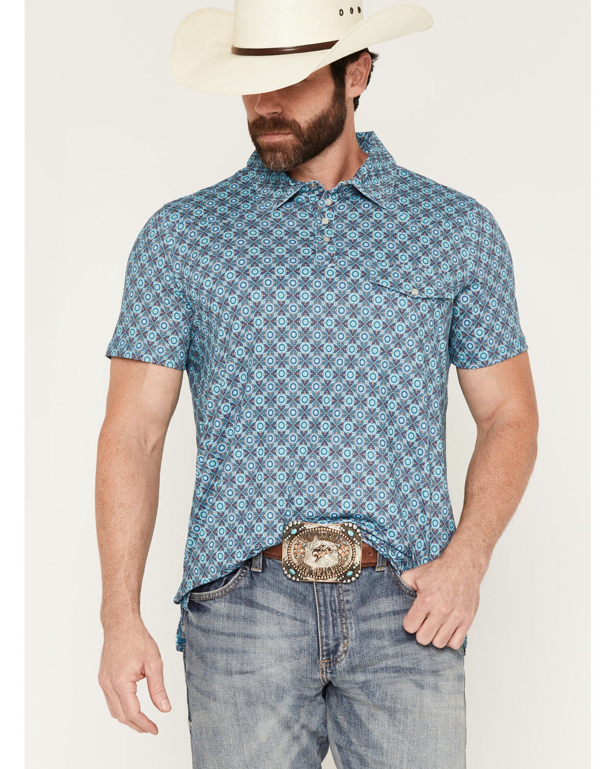 Image #1 - Rock & Roll Denim Men's Medallion Print Short Sleeve Pearl Snap Polo, Blue, hi-res