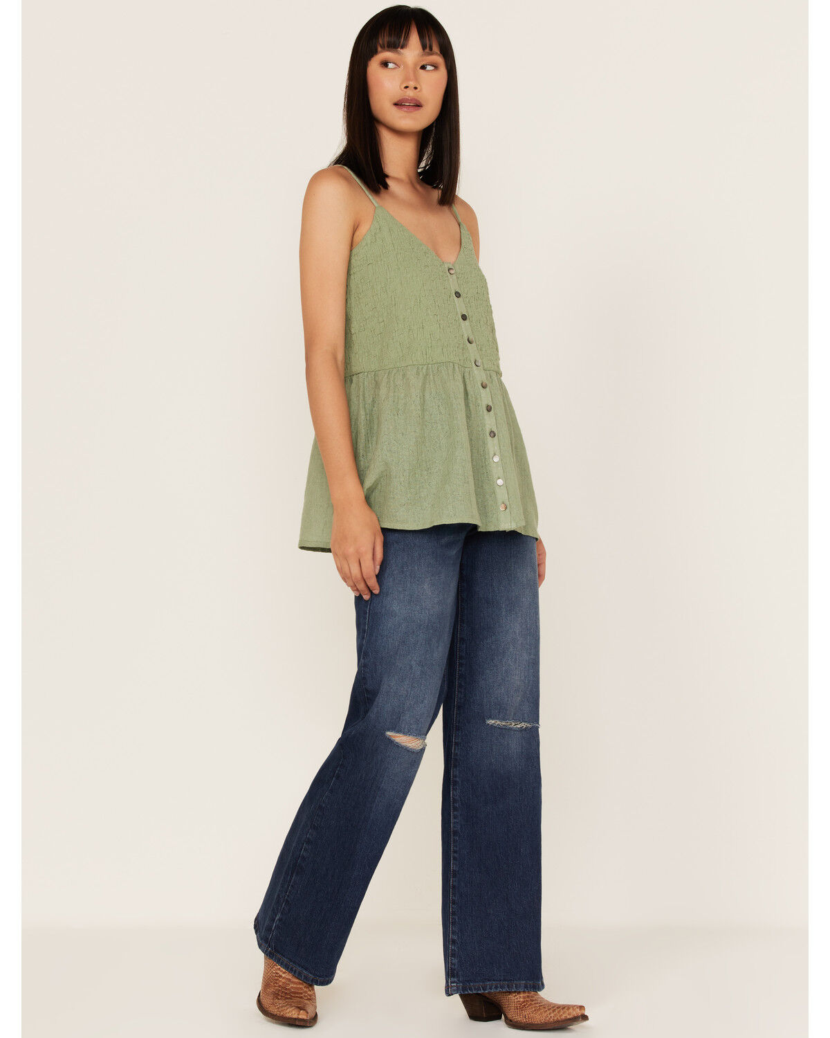 Image #2 - Cleo + Wolf Women's Smocked Button Front Woven Tank Top, Loden, hi-res