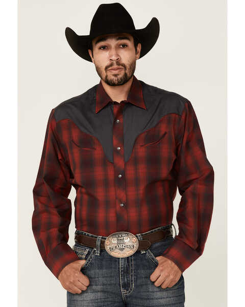 Roper Men's Plaid Print Fancy Applique Embroidered Long Sleeve Snap Western Shirt , Red, hi-res