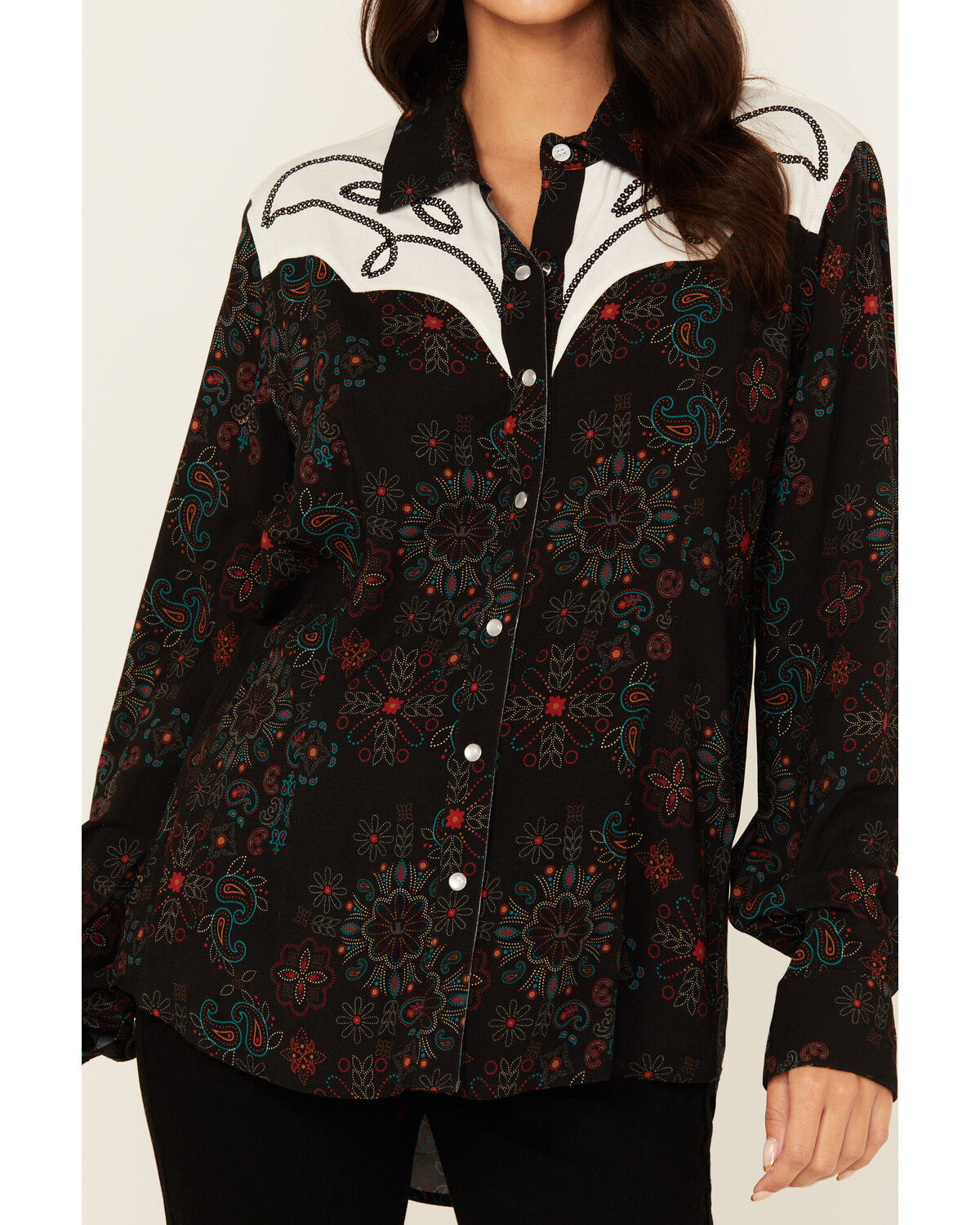 Image #3 - Panhandle Women's Floral Print Embroidered Long Sleeve Snap Western Shirt, Black, hi-res