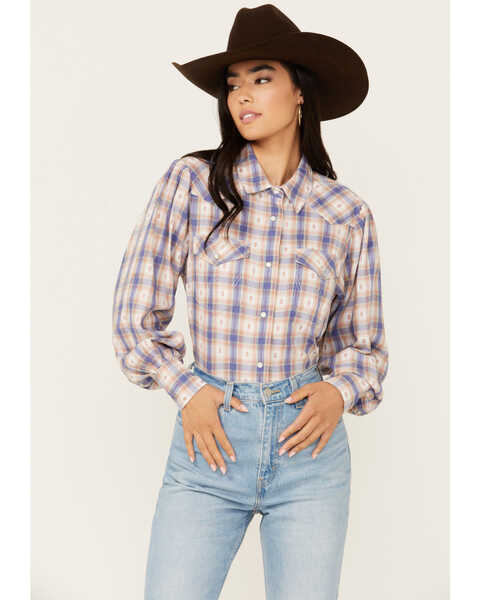 Wrangler Women's Balloon Sleeve Plaid Print Snap Western Shirt , Medium Wash, hi-res