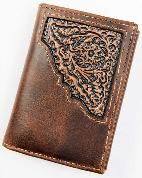 Cody James Men's Brown Tooled Trifold Leather Wallet, Brown, hi-res