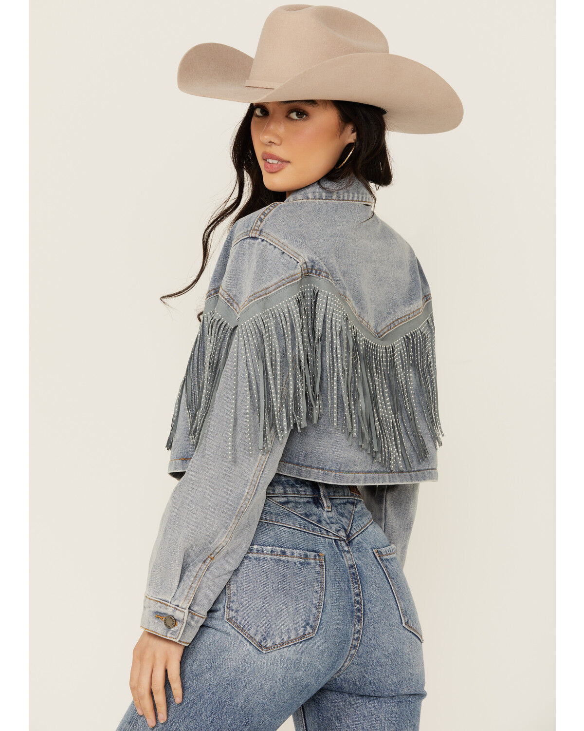 Image #4 - Veveret Women's Light Wash Studded Fringe Cropped Denim Jacket, Light Wash, hi-res