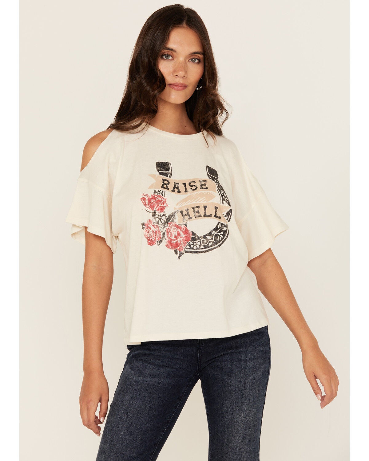 White Crow Women's Raise Hell Cold Shoulder Short Sleeve Graphic Tee, Cream, hi-res
