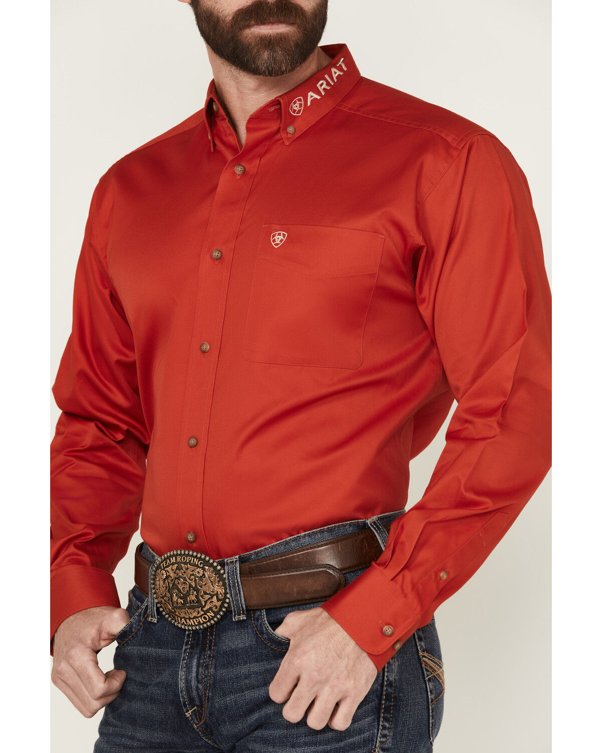 Image #3 - Ariat Men's Team Logo Solid Long Sleeve Button-Down Western Shirt, Red, hi-res