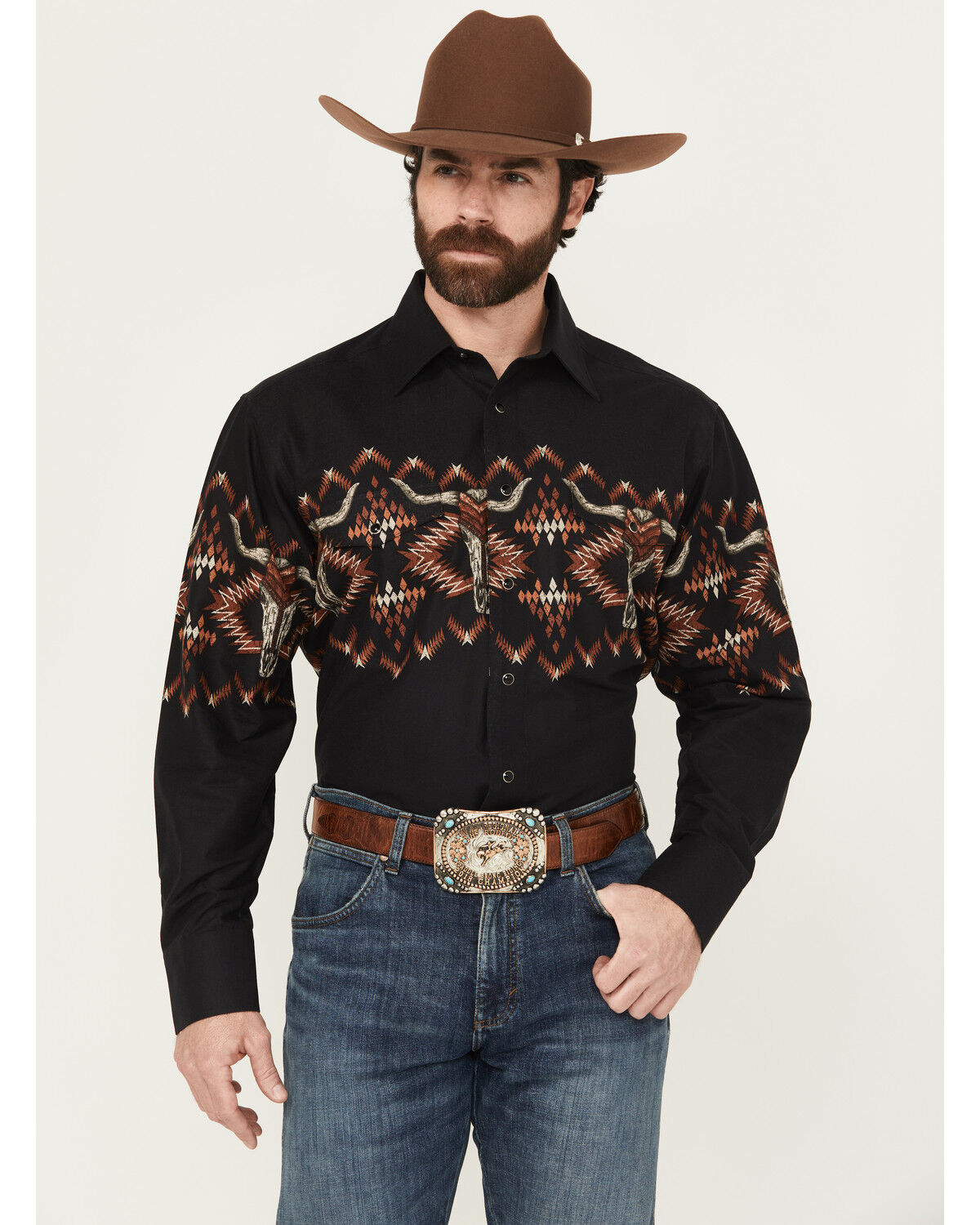 Image #1 - Panhandle Men's Longhorn Border Print Long Sleeve Snap Western Shirt, Black, hi-res
