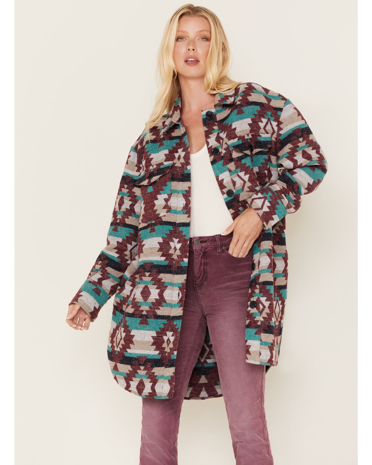 Cripple Creek Women's Southwestern Print Shacket, Burgundy, hi-res