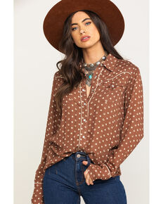 Stetson Women's Brown Lucky Star Print Long Sleeve Western Shirt, Brown, hi-res