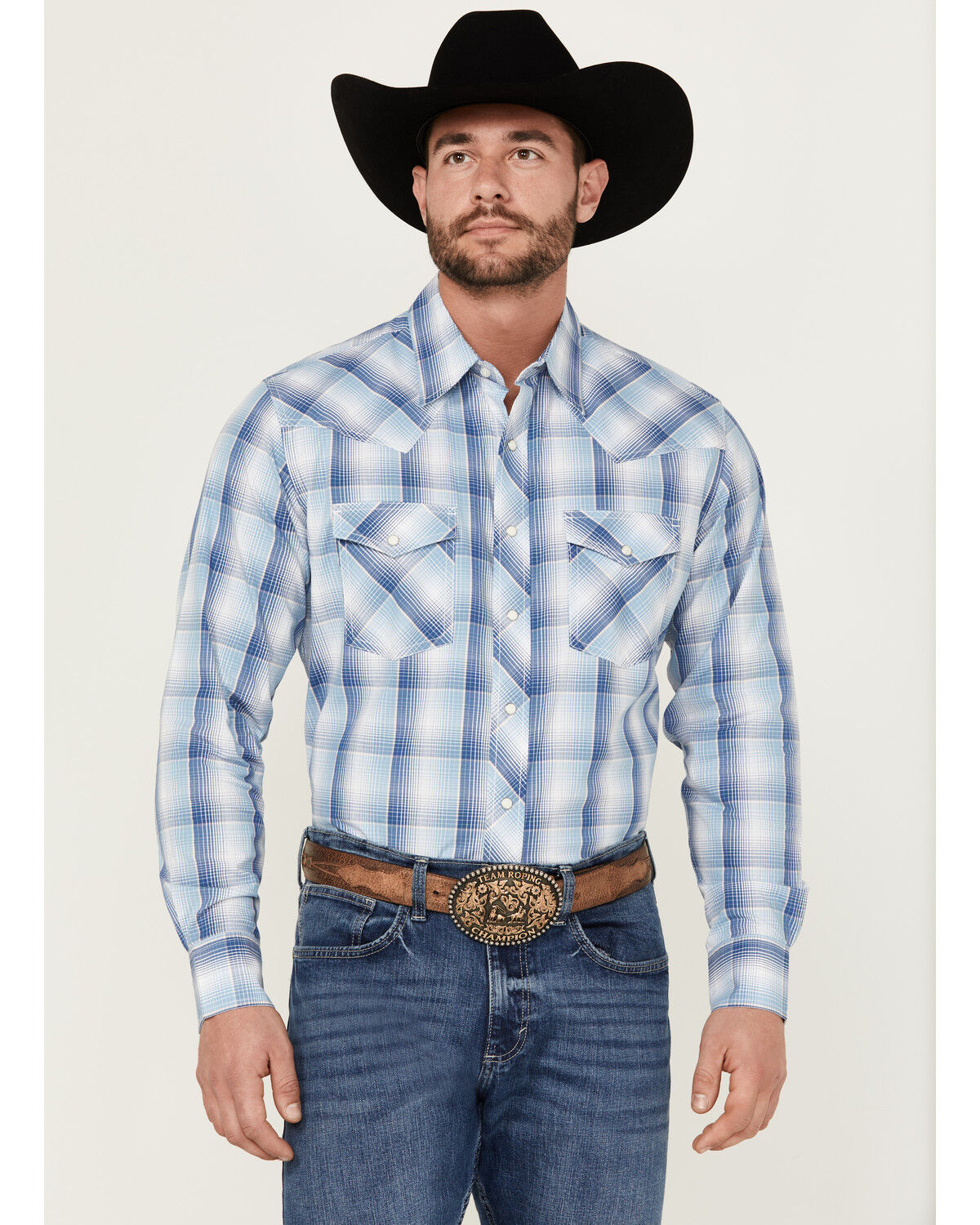 Image #1 - Wrangler 20X Men's Advanced Comfort Plaid Print Long Sleeve Snap Stretch Western Shirt, Blue, hi-res