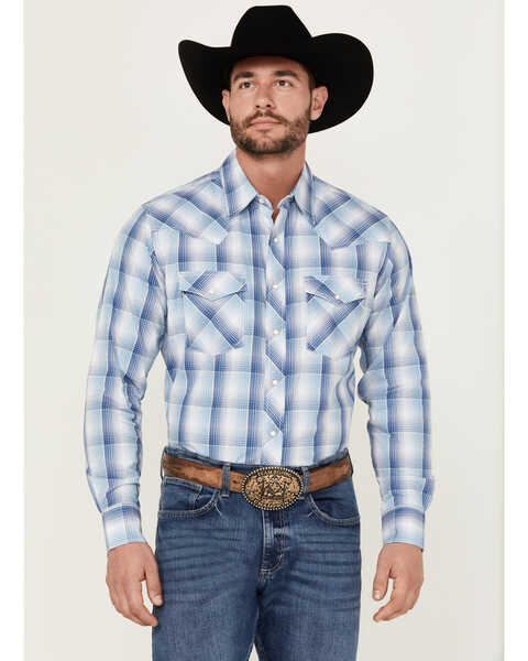 Wrangler 20X Men's Advanced Comfort Plaid Print Long Sleeve Snap Stretch Western Shirt , Blue, hi-res