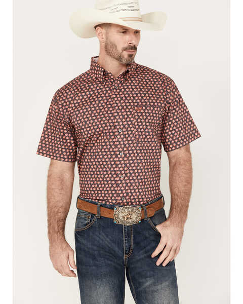 Image #1 - Panhandle Select Men's Floral Geo Short Sleeve Button Down Western Shirt, Peach, hi-res