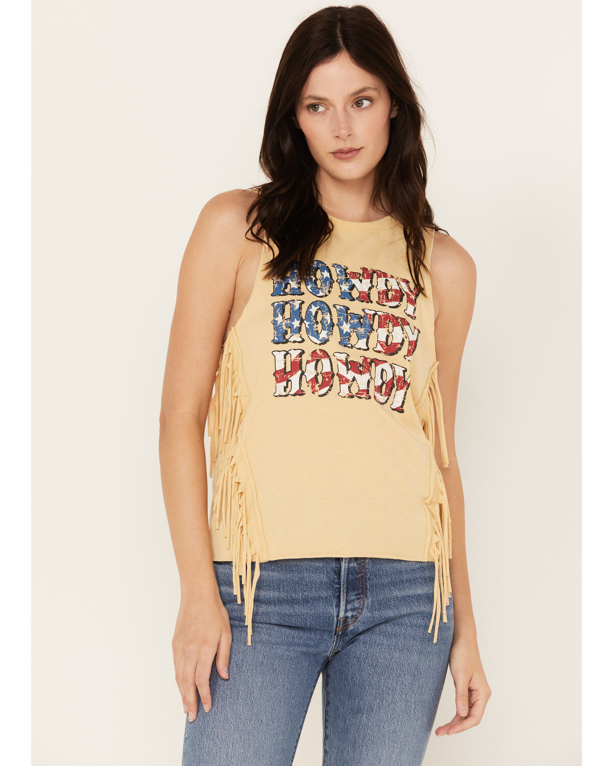 Image #1 - Rock & Roll Denim Women's Howdy Fringe Graphic Tank, Light Yellow, hi-res