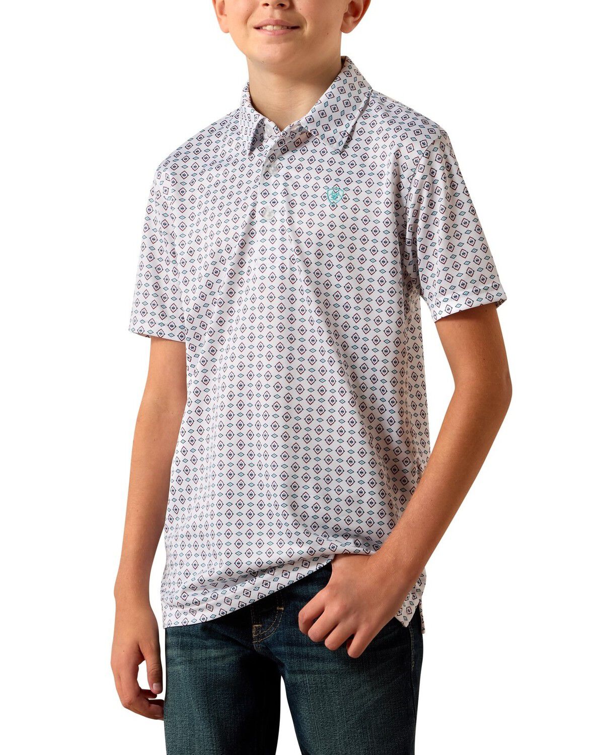 Image #1 - Ariat Boys' Southwestern Print Short Sleeve Button-Down Polo Shirt, White, hi-res