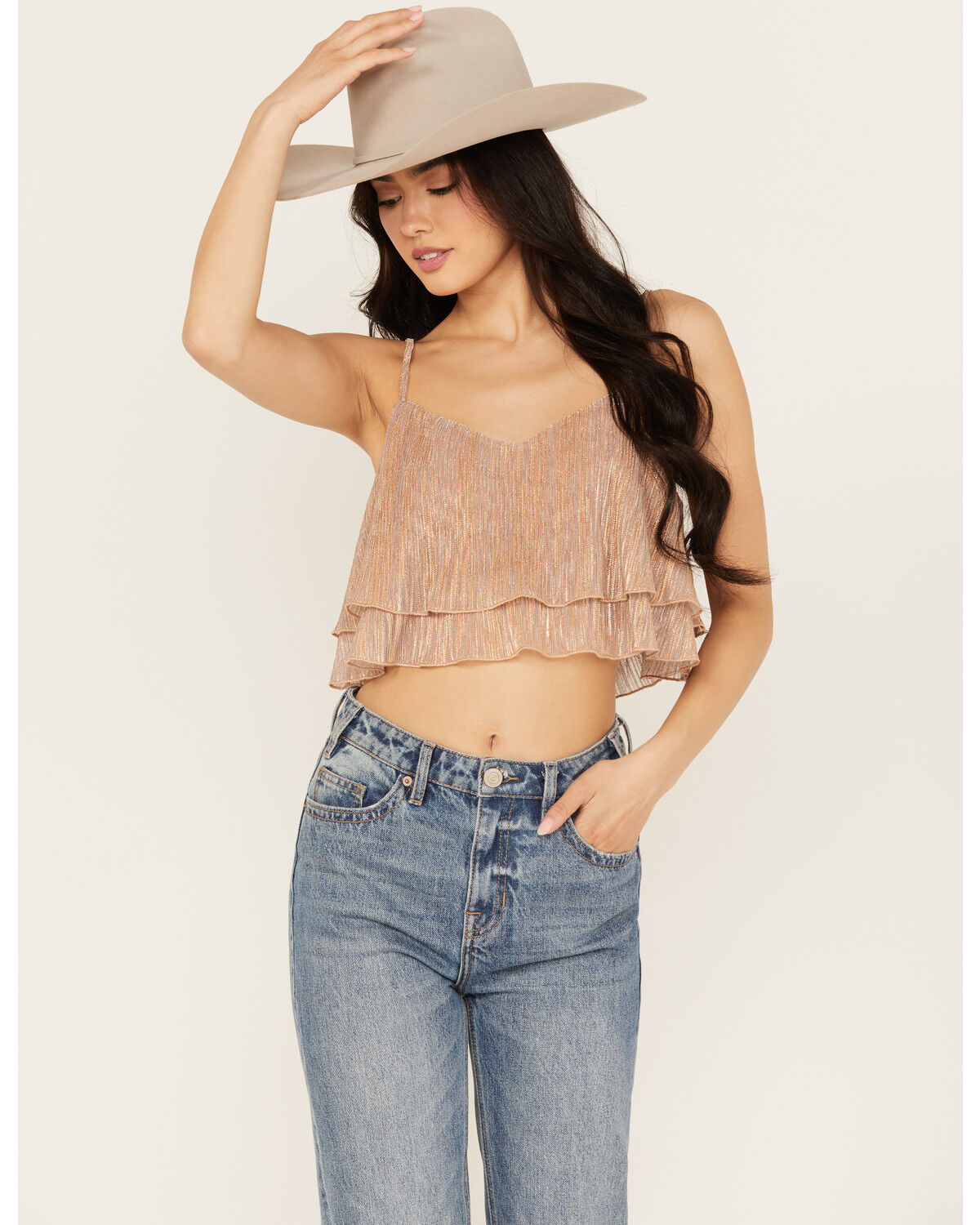 Image #1 - En Creme Women's Metallic Cropped Tank Top, Rose, hi-res