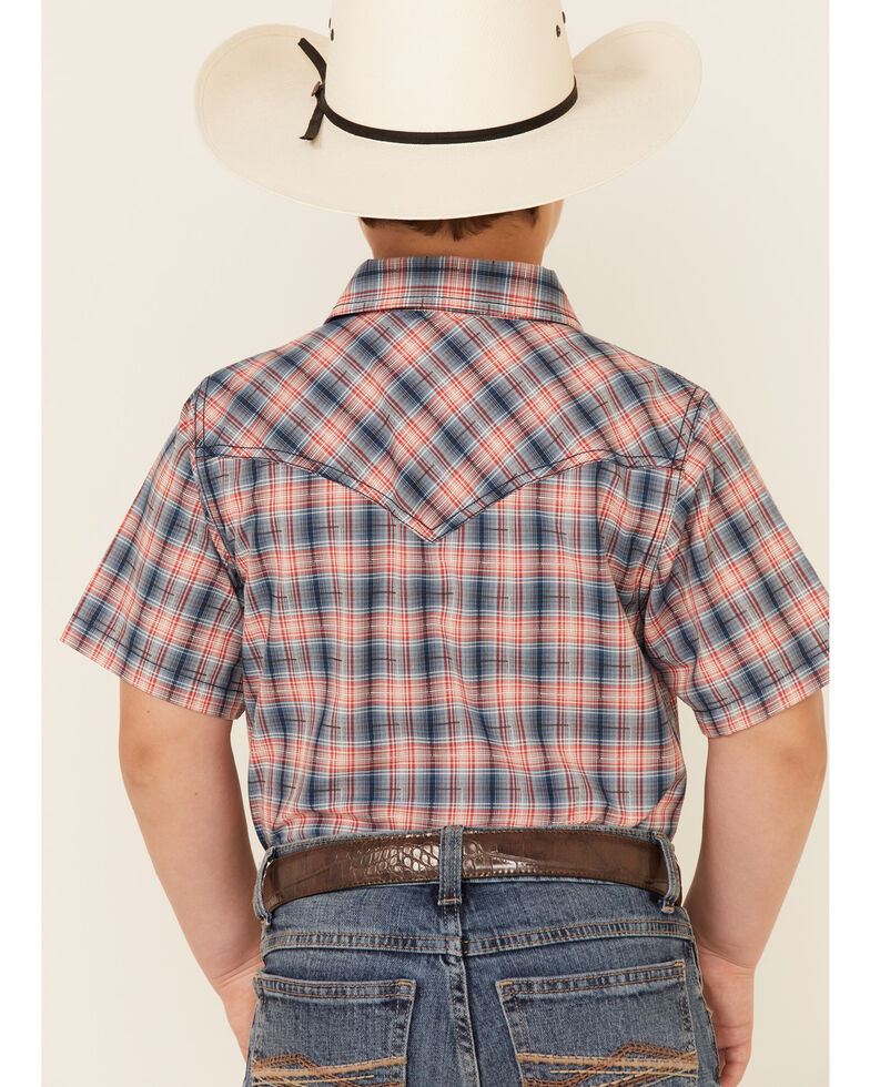 Cody James Boys' Liberty Bell Large Dobby Plaid Short Sleeve Snap Western Shirt , Navy, hi-res
