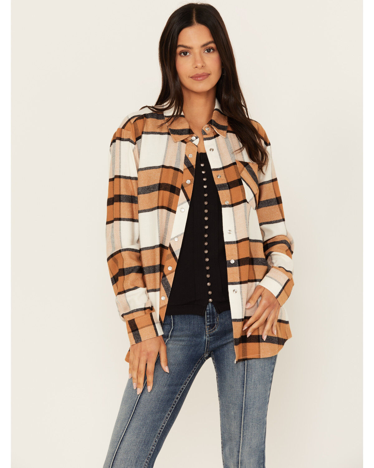 Image #1 - Idyllwind Women's Caroline Featherlight Plaid Print Pearl Snap Shirt, Medium Brown, hi-res