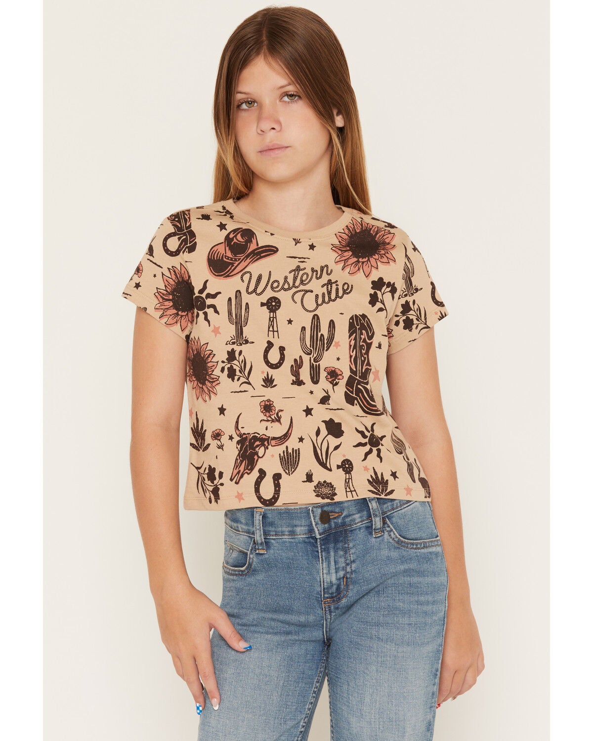 Shyanne Girls' Western Cutie Printed Short Sleeve Graphic Tee, Khaki, hi-res