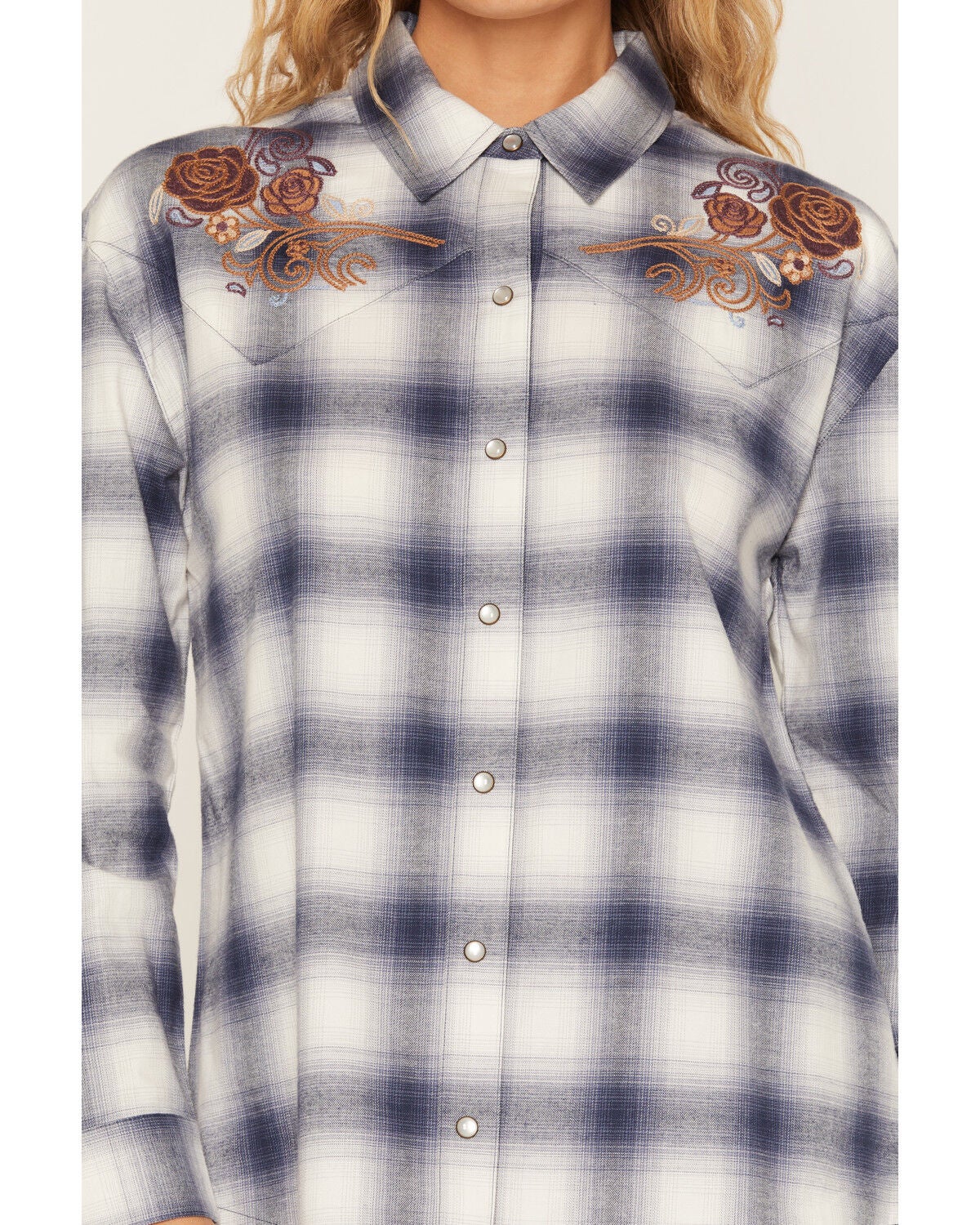 Image #3 - Idyllwind Women's Mara Plaid Print Long Sleeve Pearl Snap Oversized Shirt, Dark Blue, hi-res