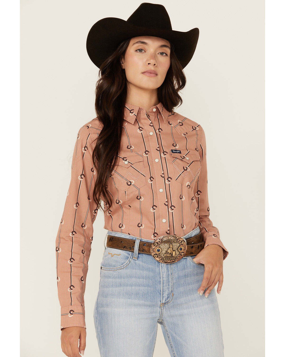 Image #1 - Wrangler Retro Women's Horseshoe Striped Print Long Sleeve Snap Western Shirt, Rose, hi-res