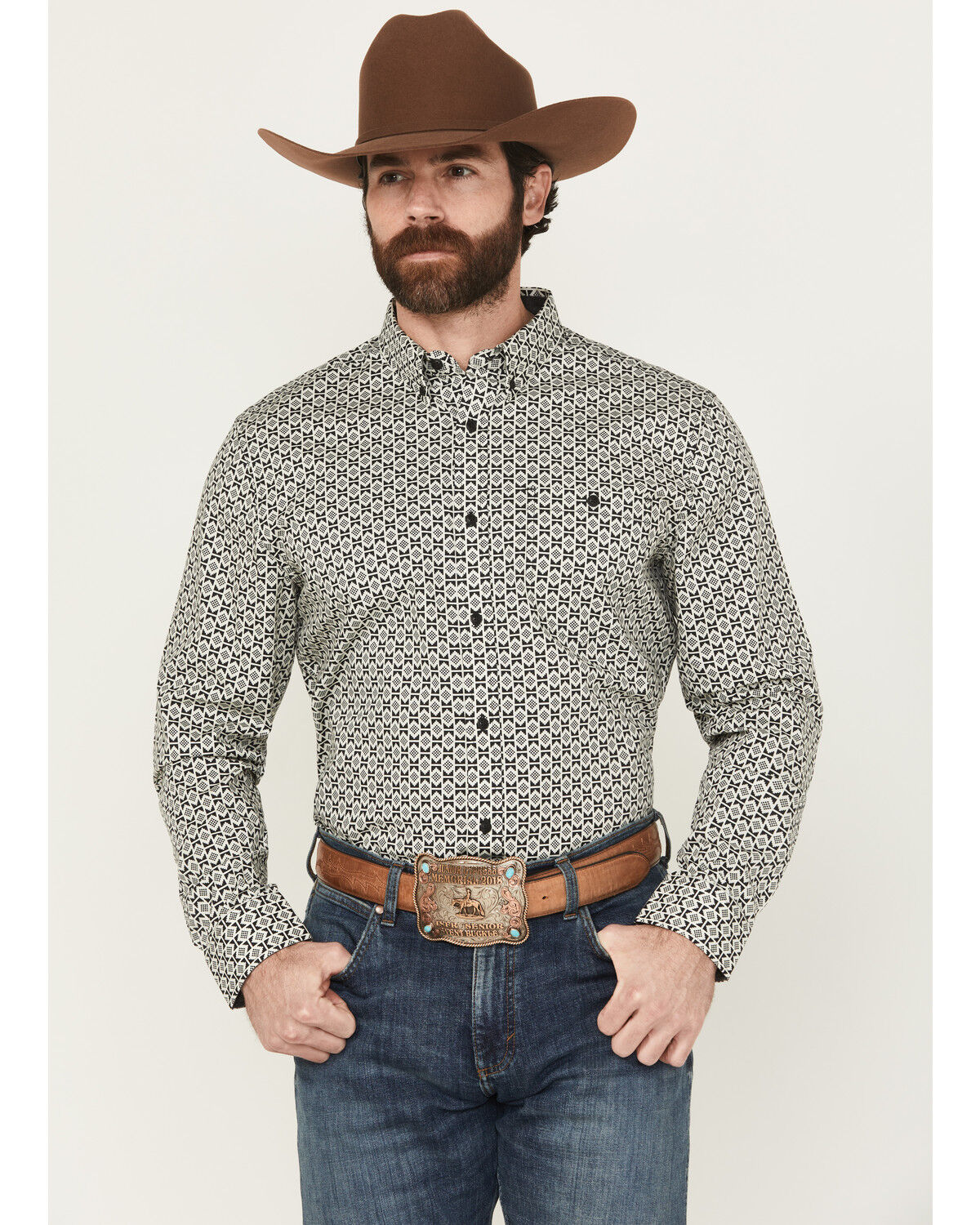 Image #1 - RANK 45® Men's Rockies Ridge Geo Print Long Sleeve Button-Down Stretch Western Shirt, Black, hi-res