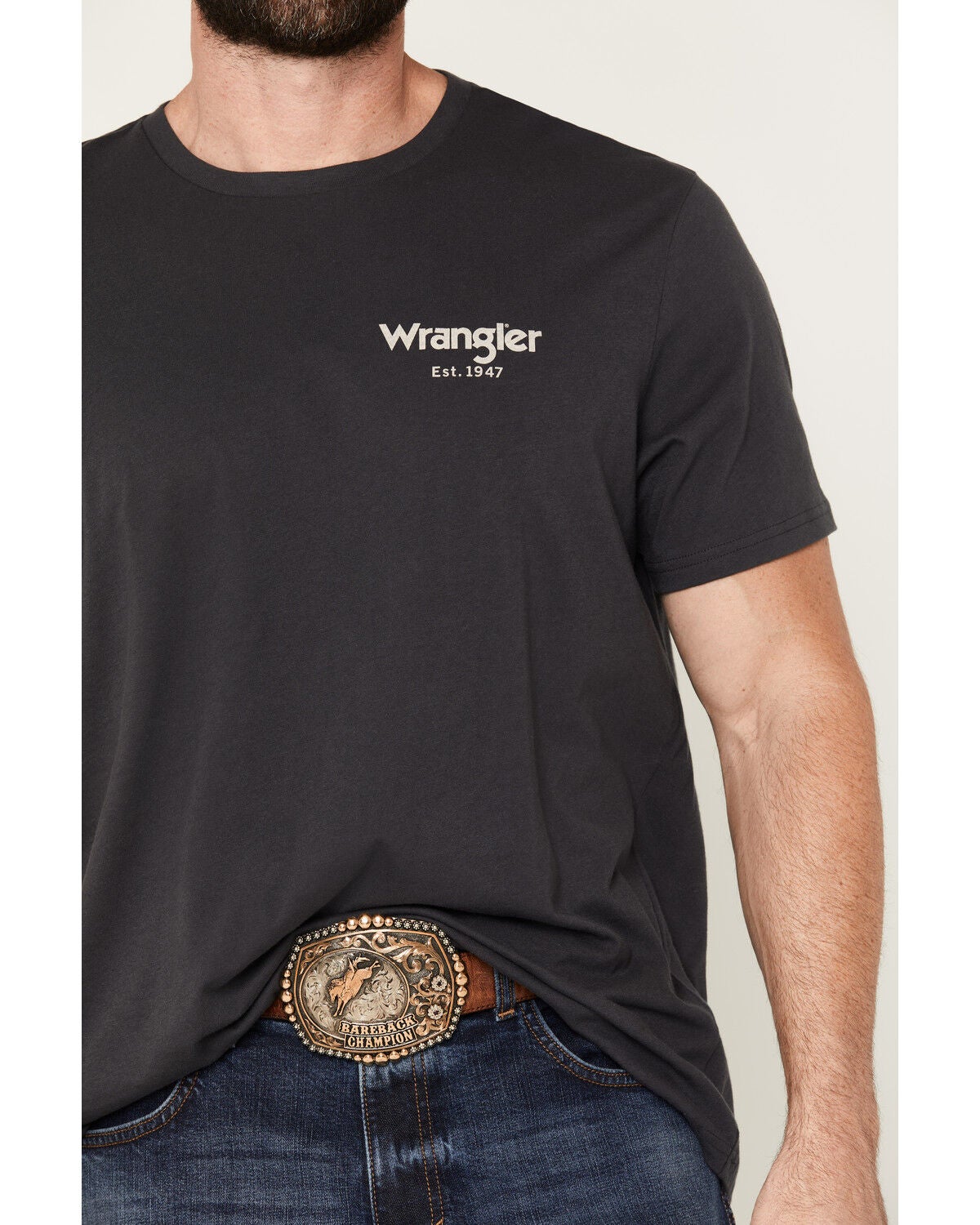 Image #4 - Wrangler Men's Boot Barn Exclusive Cowboy Logo Short Sleeve Graphic T-Shirt, Charcoal, hi-res