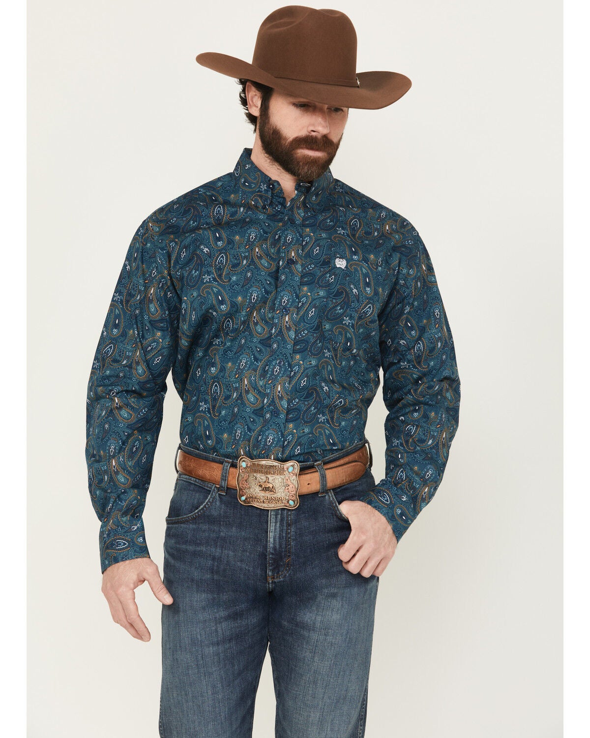 Cinch Men's Paisley Print Long Sleeve Button-Down Western Shirt, Blue, hi-res