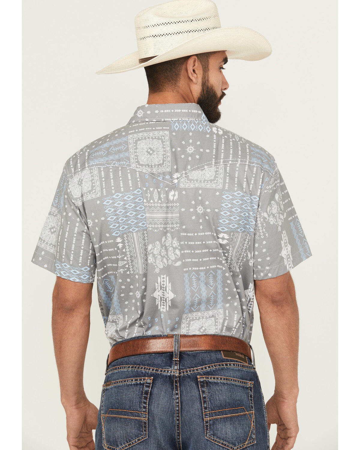 Image #4 - Cowboy Hardware Men's Southwestern Bandana Print Short Sleeve Snap Western Shirt, Grey, hi-res