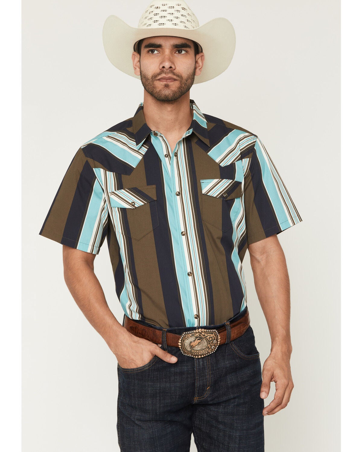 Image #1 - Gibson Trading Co Men's Retro Stripes Short Sleeve Snap Western Shirt, Brown, hi-res