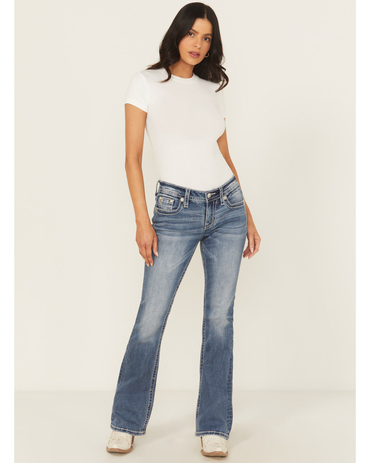 Image #3 - Miss Me Women's Dark Wash Mid Rise Bootcut Patchwork Flap Stretch Denim Jeans, Dark Wash, hi-res