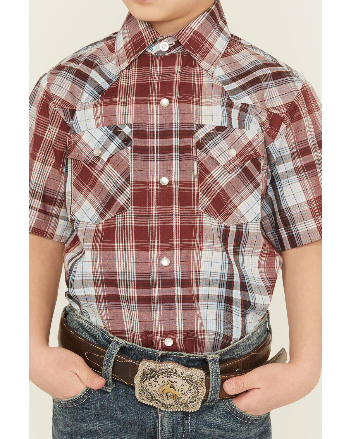 Image #3 - Ely Walker Boys' Plaid Print Short Sleeve Snap Western Shirt, Blue/red, hi-res