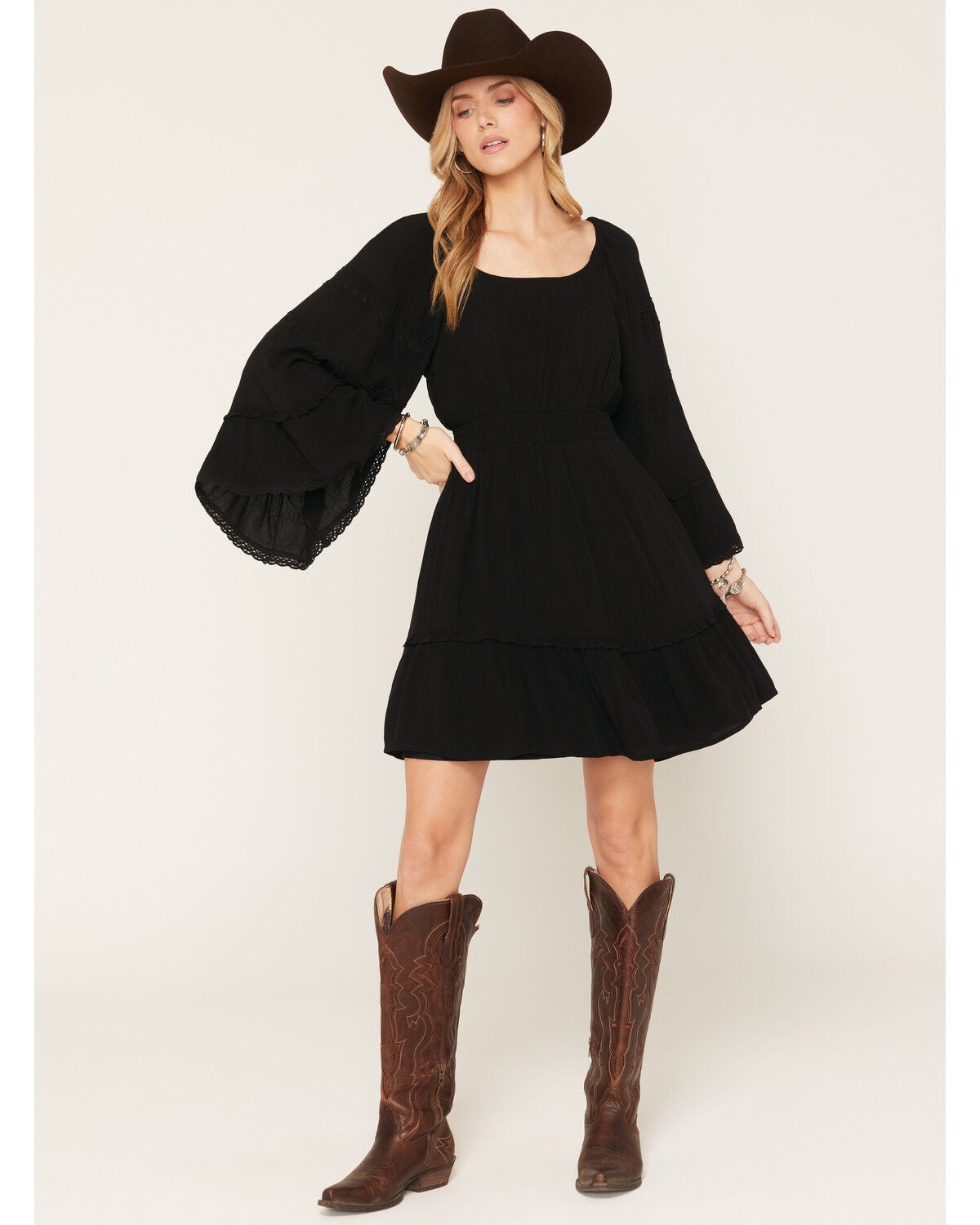 Shyanne Women's Highlands Embroidered Long Bell Sleeve Mini Dress, Black, hi-res
