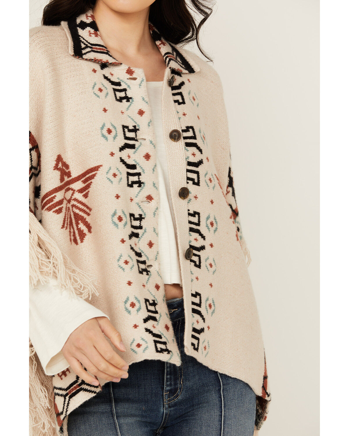 Image #4 - Idyllwind Women's Flyaway Southwestern Print Fringe Button-Down Poncho, Ivory, hi-res
