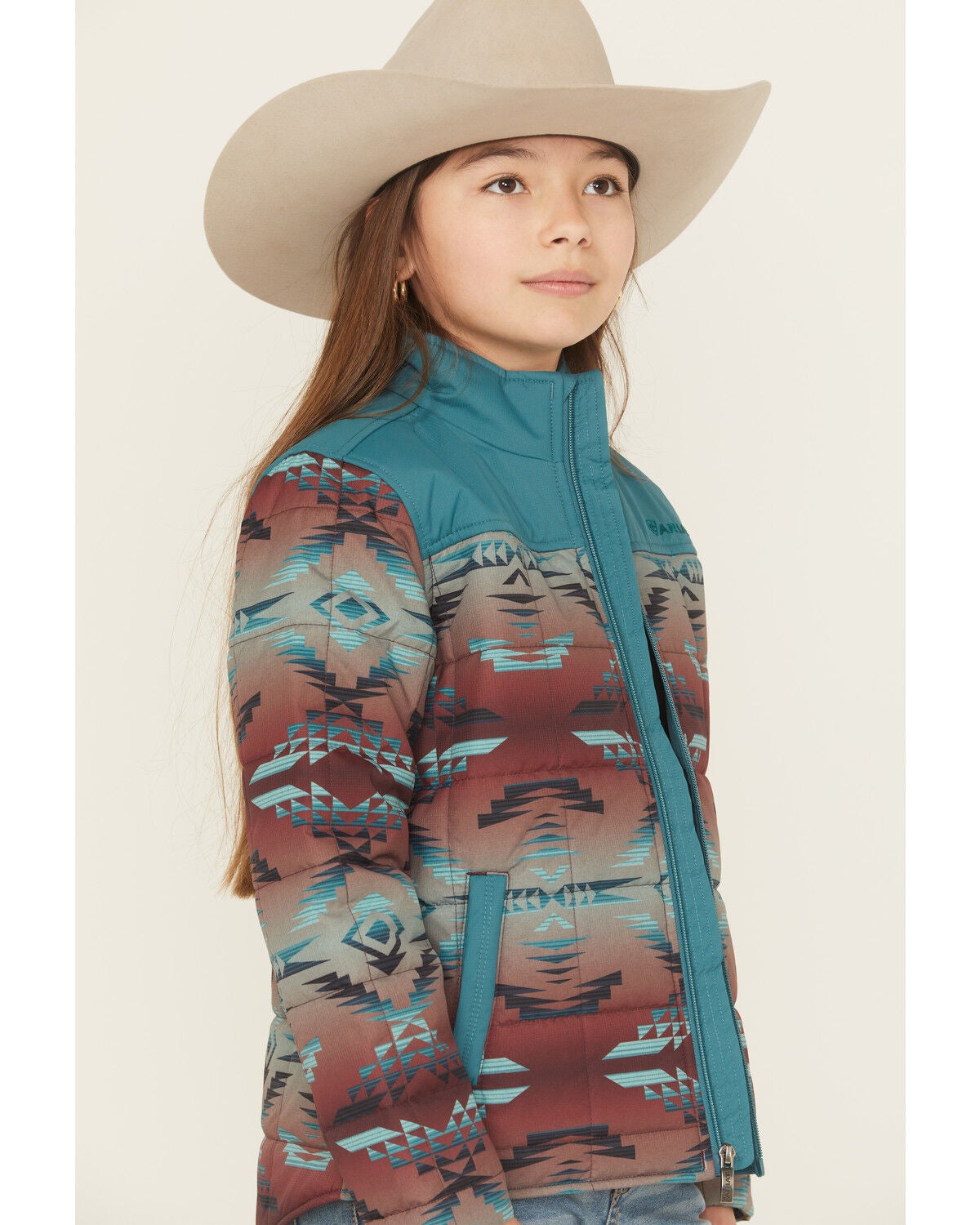 Image #2 - Ariat Girls' Southwestern Print Crius Jacket, Teal, hi-res