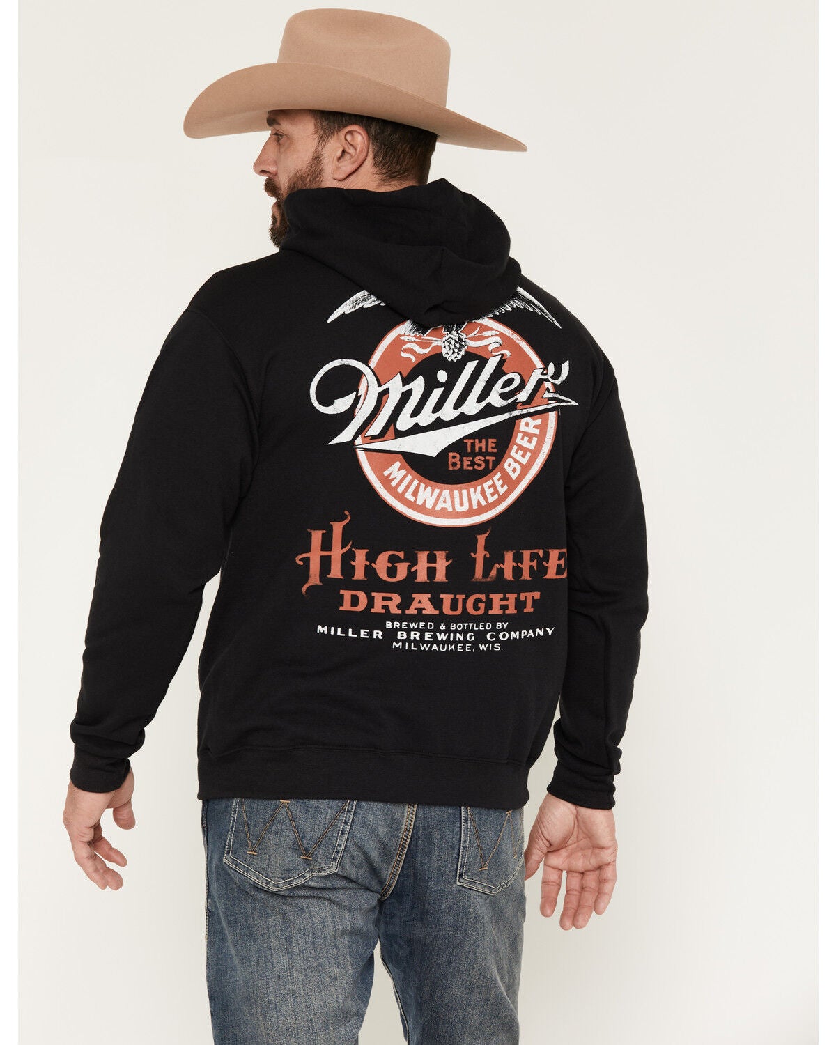 Image #4 - Miller Men's Boot Barn Exclusive High Life Draught Graphic Hooded Sweatshirt, Black, hi-res