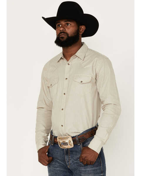 Gibson Men's Southside Satin Striped Long Sleeve Snap Western Shirt, Tan, hi-res
