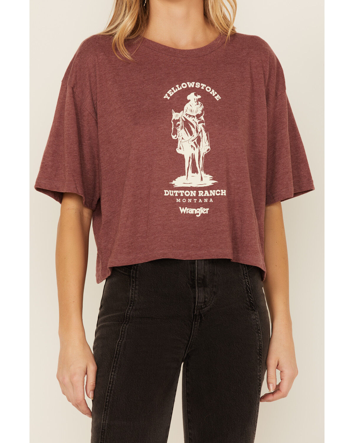 Image #2 - Wrangler Women's Yellowstone Horse Graphic Crop Tee, Burgundy, hi-res