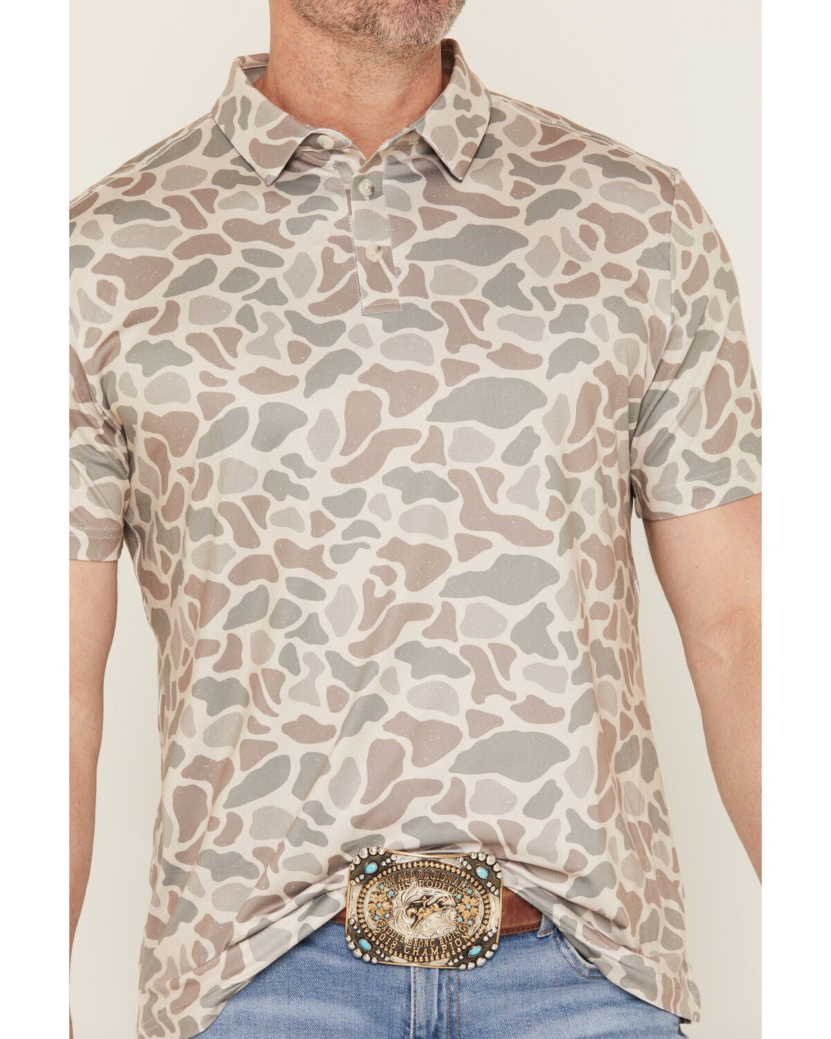 Image #3 - Burlebo Men's Deer Camo Print Short Sleeve Button-Down Stretch Polo Shirt, Camouflage, hi-res