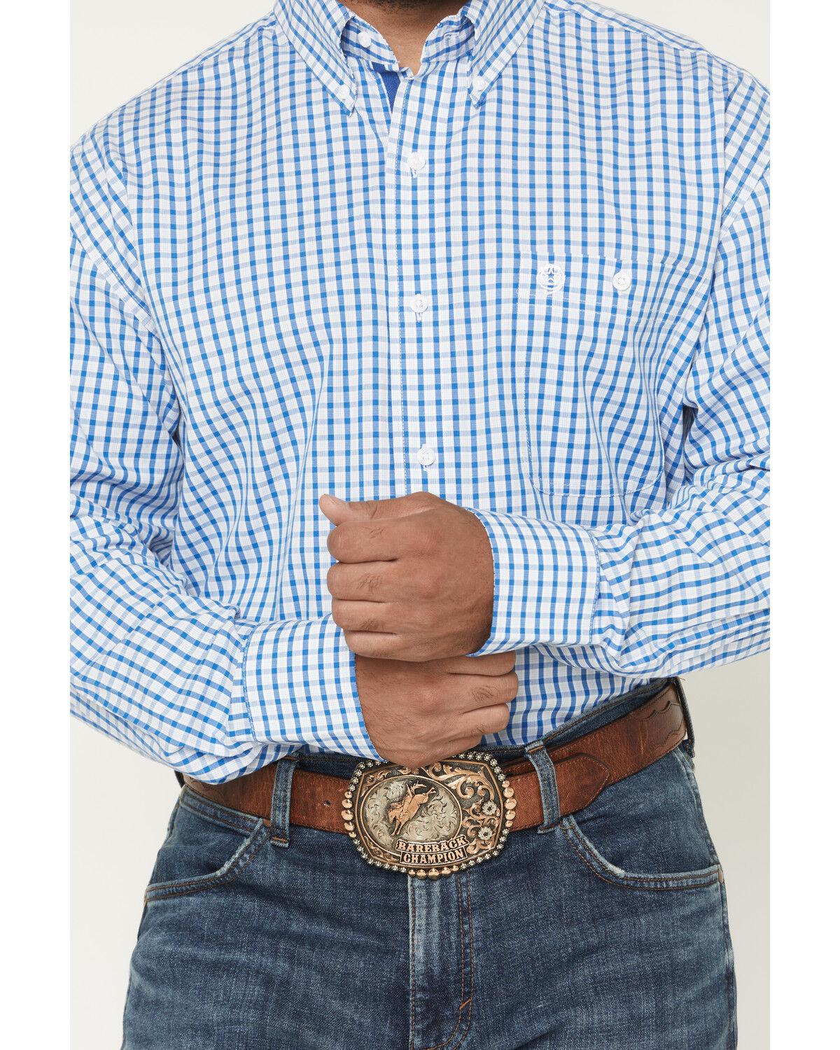 Image #3 - George Strait by Wrangler Men's Plaid Print Long Sleeve Button-Down Stretch Western Shirt, Blue, hi-res
