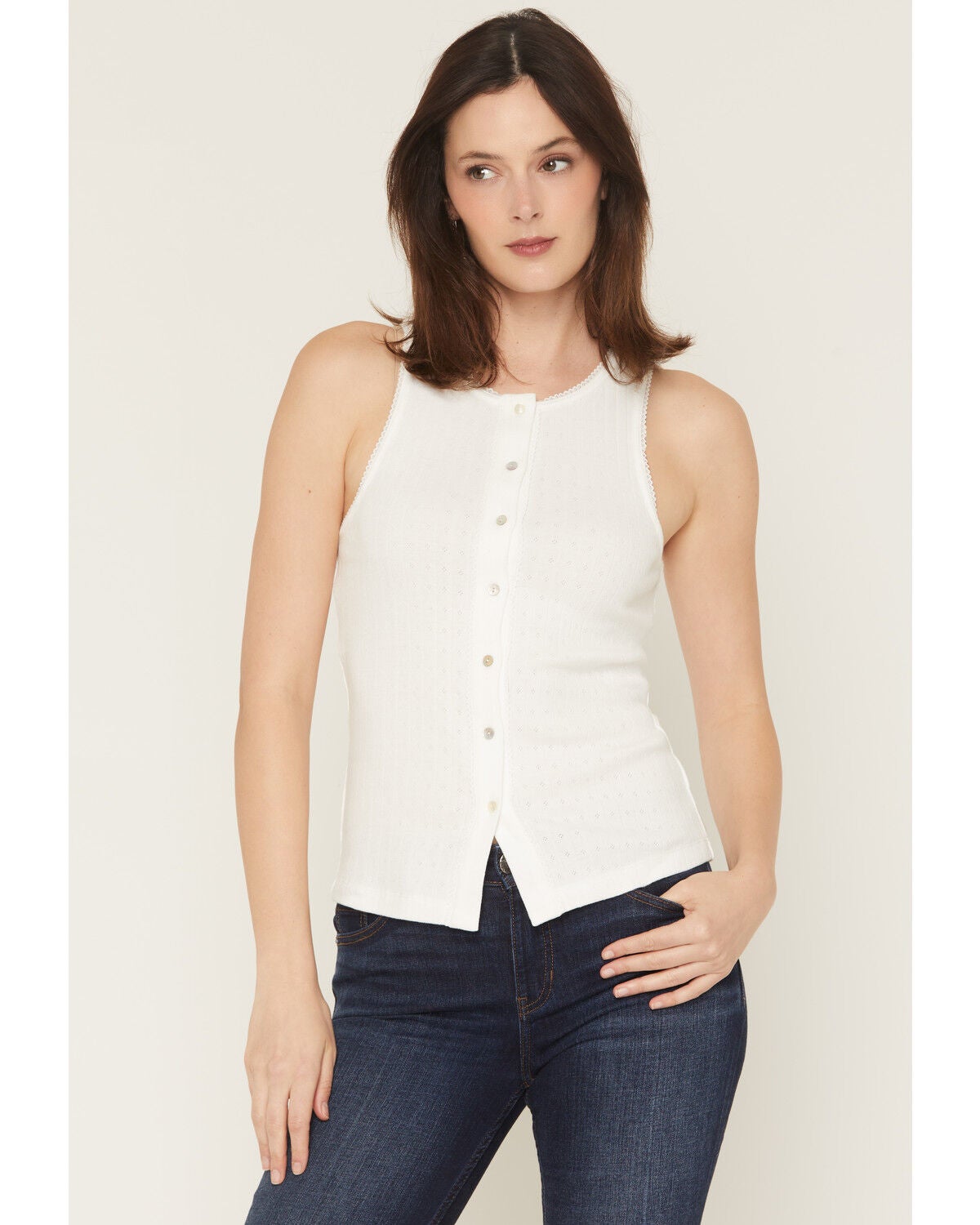 Blue Life Women's Evie Button-Up Pointelle Tank, White, hi-res