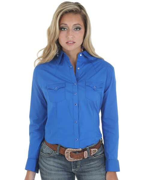 Image #1 - Wrangler Women's Snap Pocket Long Sleeve Western Shirt , Blue, hi-res